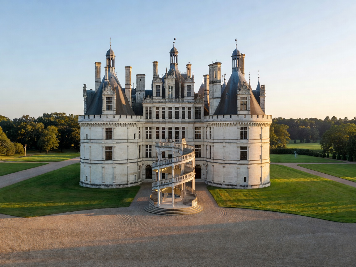 Chambord Renaissance hunting castle with French turrets and double helix staircase