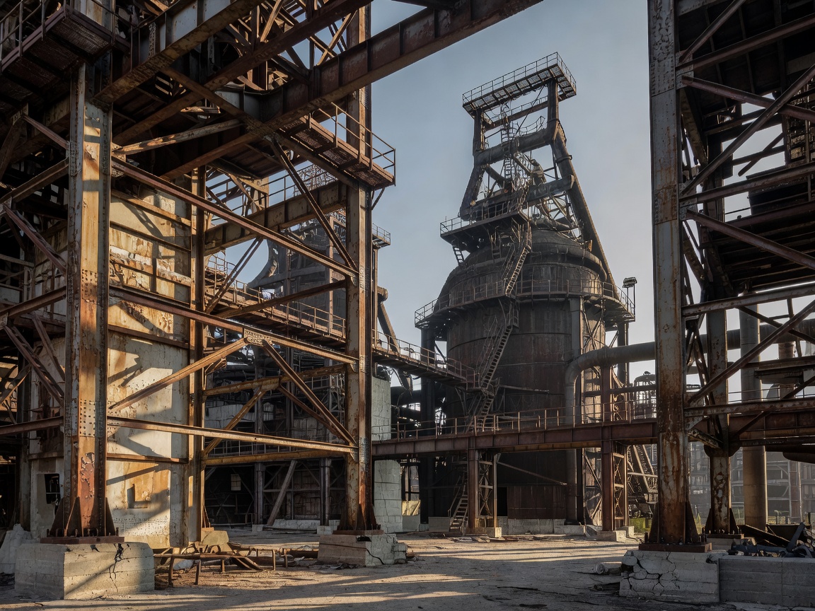 Industrial heritage monument with steel structures and blast furnaces