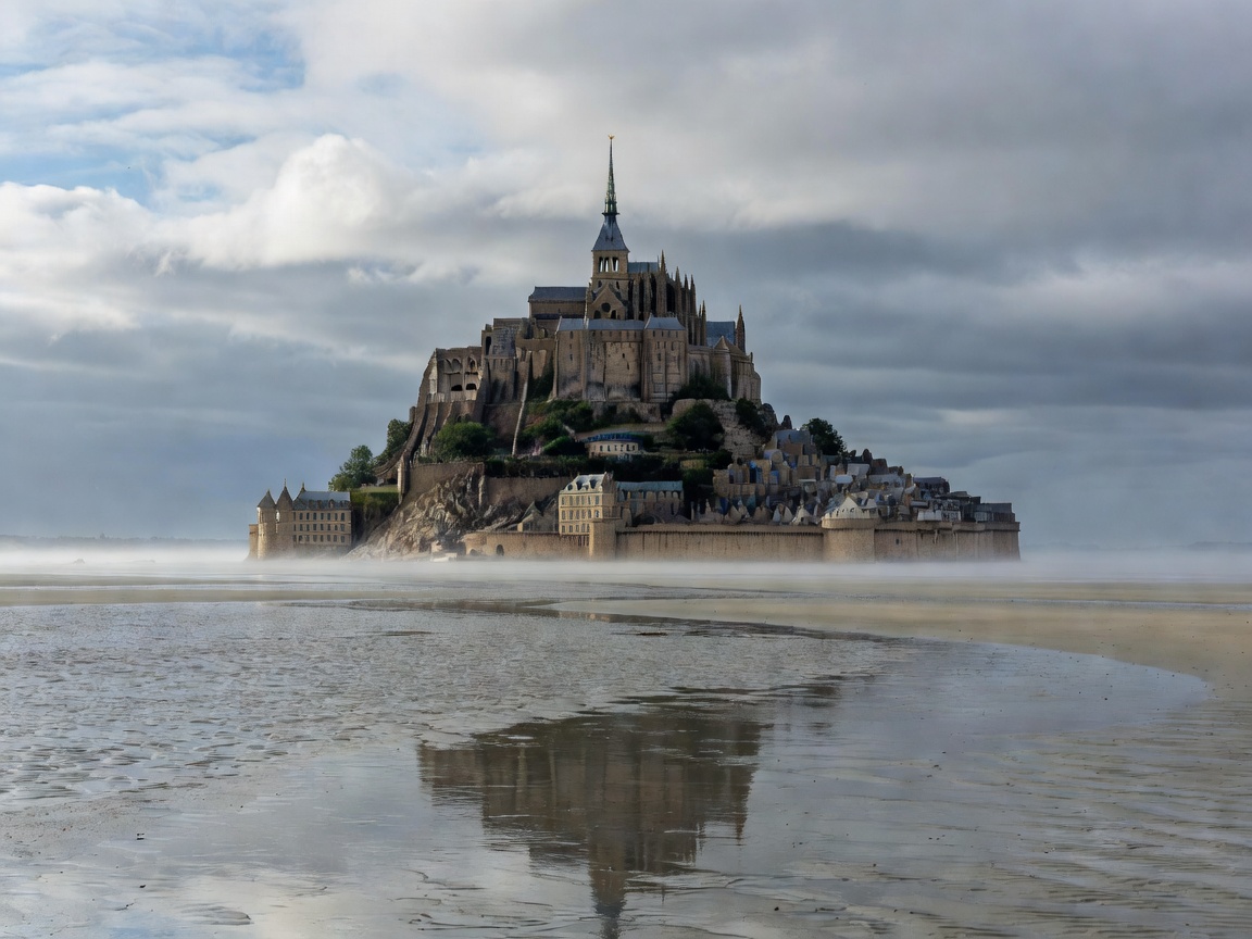Mont Saint-Michel tidal island commune with Gothic abbey in Normandy France