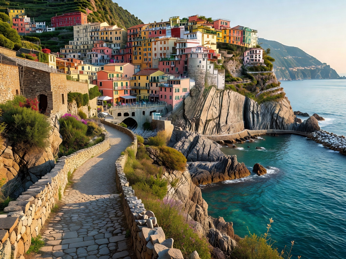 Scenic Mediterranean coastal path along historical Italian cliffside villages