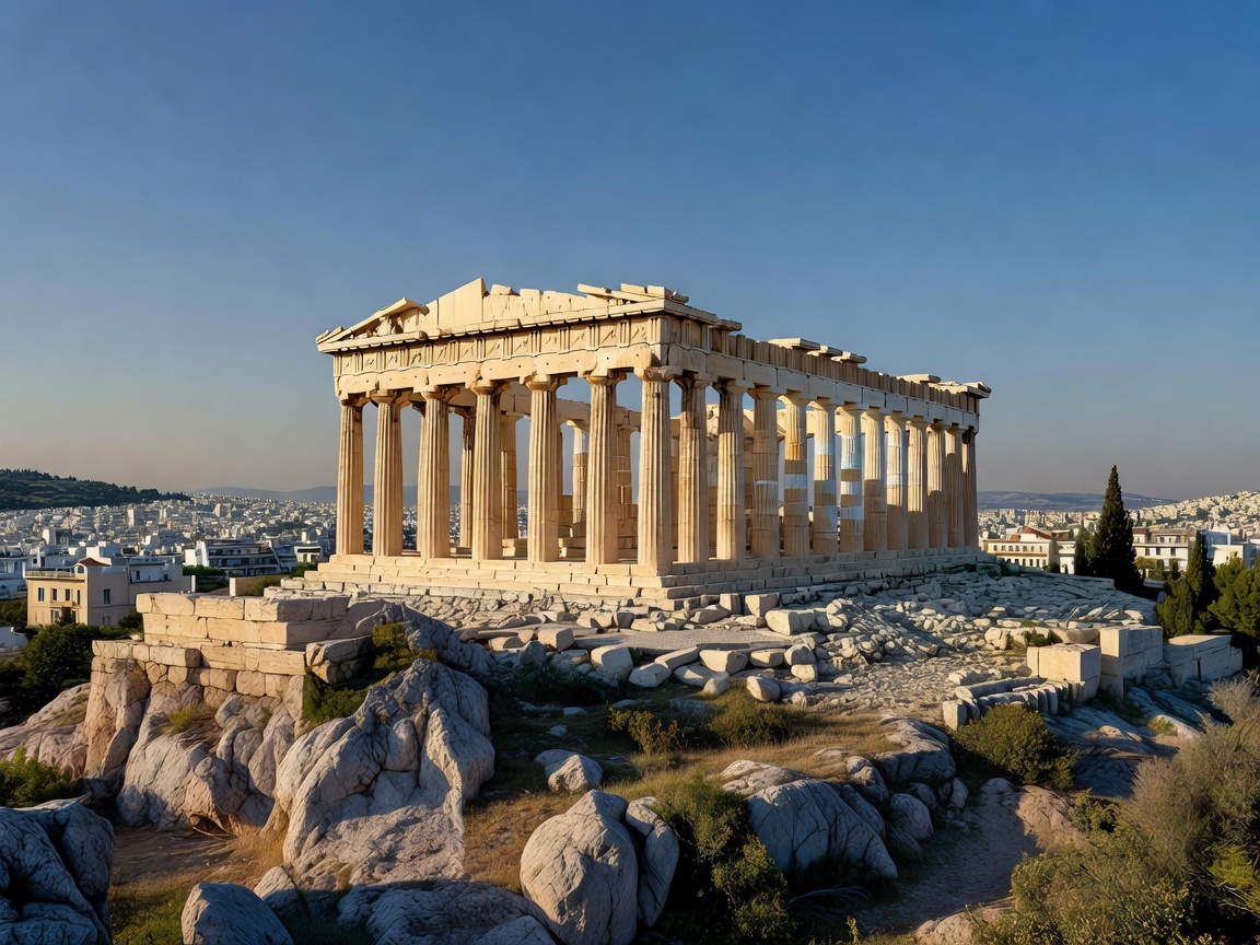 The Parthenon temple atop the rocky Acropolis hill in Athens Greece