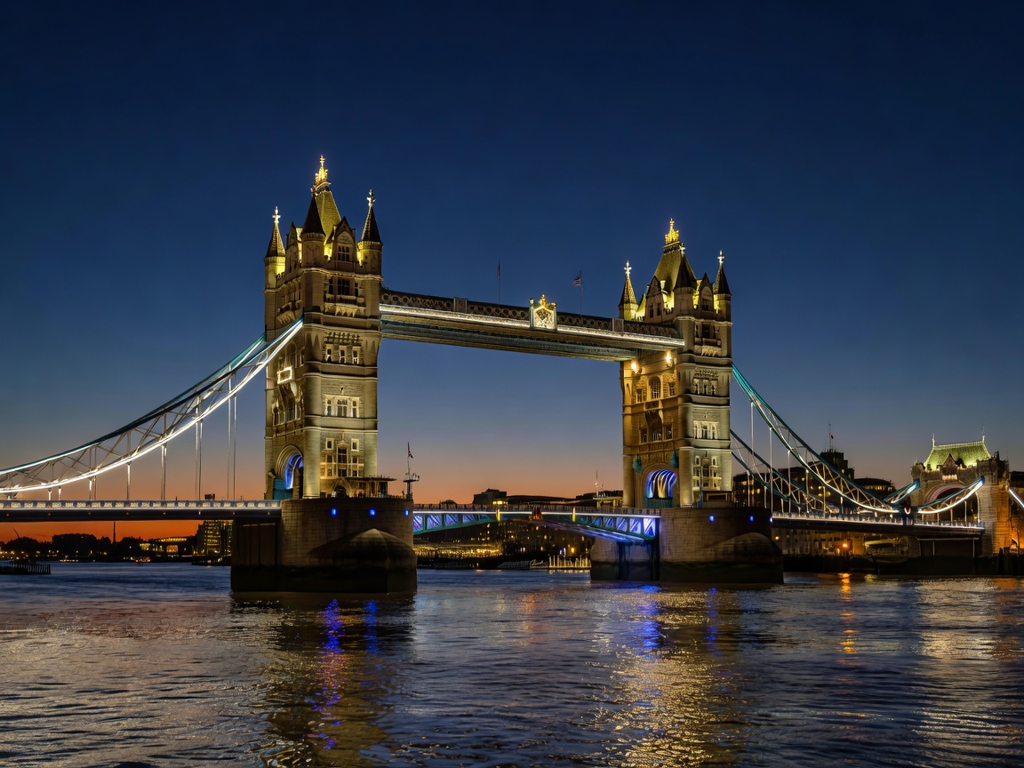 Tower Bridge across River Thames in Victorian London during twilight