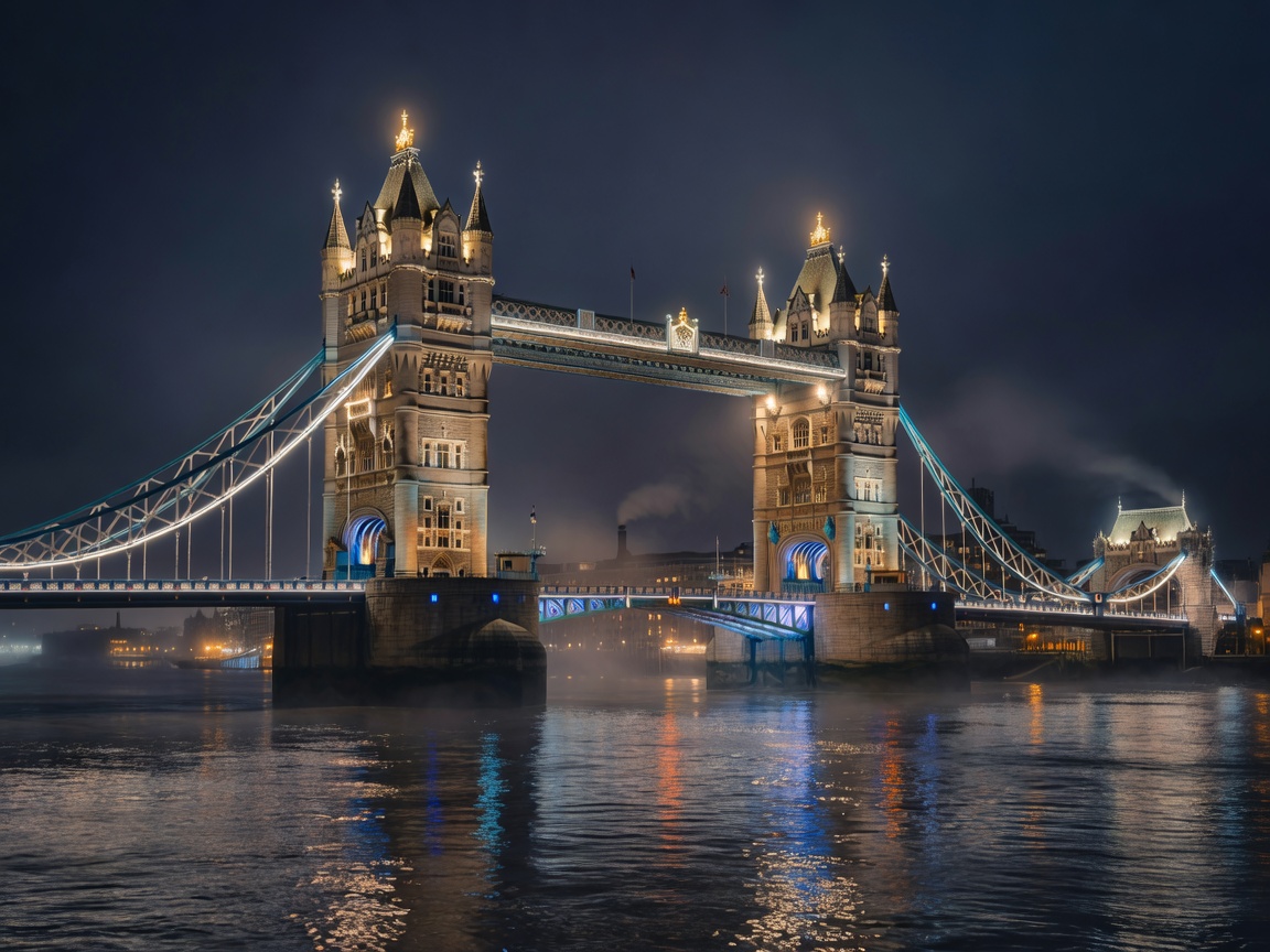 Victorian London Tower Bridge illuminated across the Thames